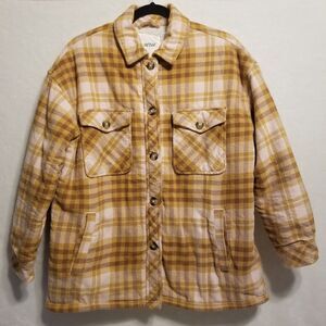 Aerie Small Shacket Jacket Yellow Pink Plaid Flannel Sherpa Lined Western Ranch
